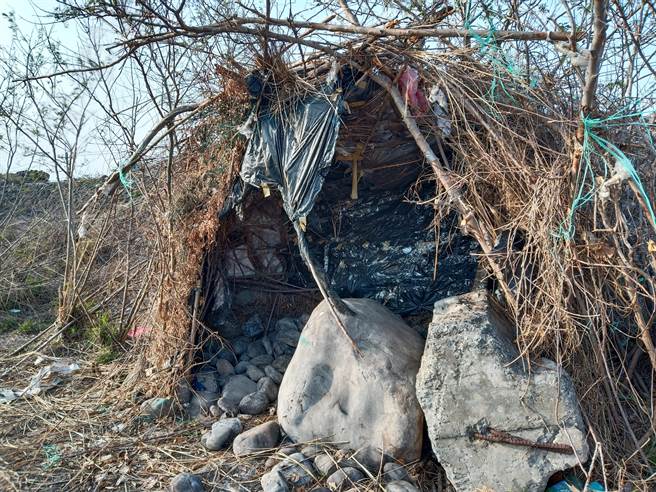 邹姓窃盗通缉犯为了躲避查缉，在台中大甲区大安溪畔搭草寮过着无水无电的生活，草寮与地景融入，一般人难以察觉。（翻摄照片／巫静婷苗栗传真）