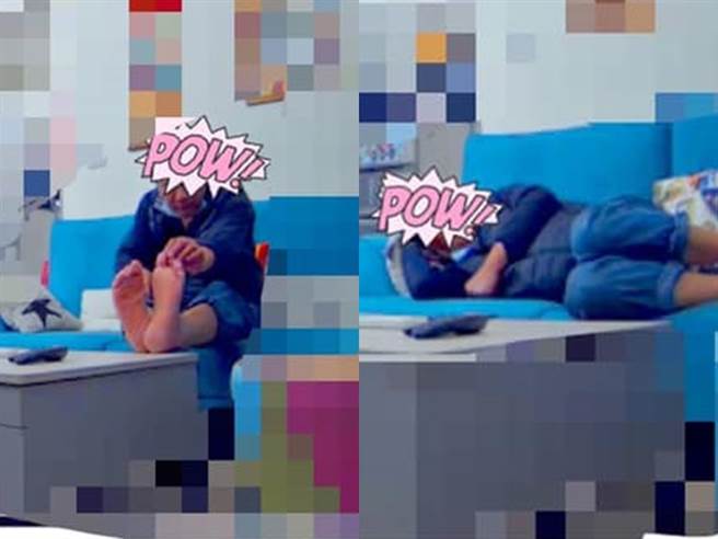 网友控诉居家清洁员躺在家中沙发、双脚放桌上「抠脚皮、滑手机」，事后还将便当盒子丢在家中垃圾桶。（图／翻摄自脸书「新竹爆料公社」）