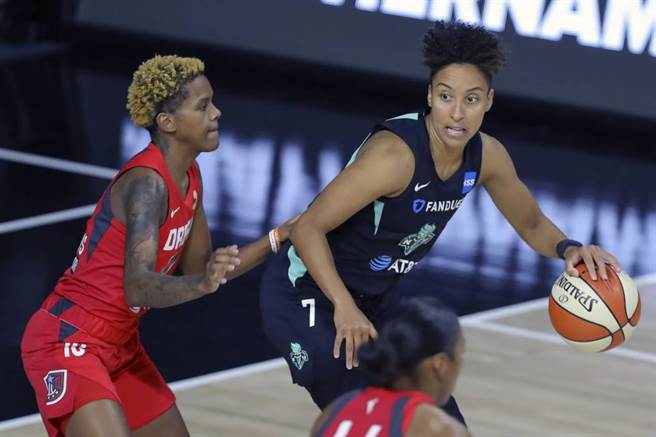 WNBA纽约自由队后卫克莱拉登(右)持球进攻。为了更贴近自我认定的非二元性别，她本月开刀移除乳房。（美联社资料照）