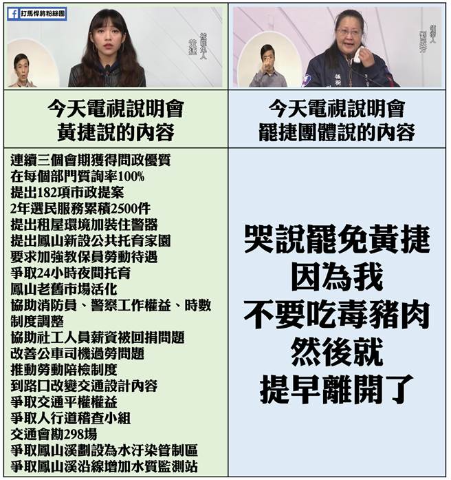 脸书粉专「打马悍将粉丝团」将黄捷、刘辰芳在说明会所说的内容，做成比较图。（图／摘自打马悍将粉丝团脸书）