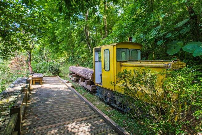 池南國家森林遊樂區園區昔日為木瓜山伐木集材地，因而留有許多珍貴的伐木機具、蹦蹦車、蒸汽機關車、運材蒸汽機關車、汽油機關車、客車箱等林業文化資產；圖為汽油機關車。（縱管處提供／羅亦晽花蓮傳真）