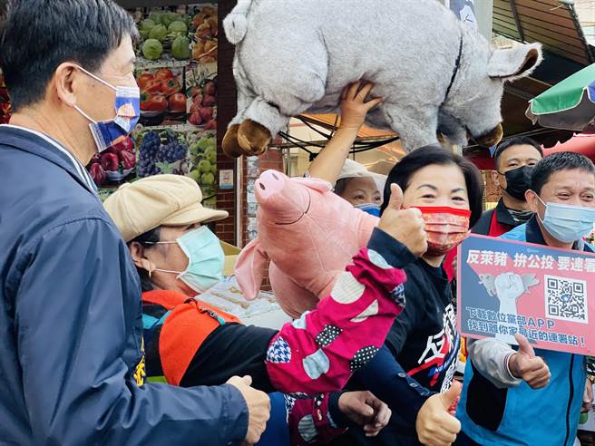 立委楊瓊瓔揹著粉紅豬上市場，呼籲大家一起連署反萊豬公投。（陳淑娥攝）