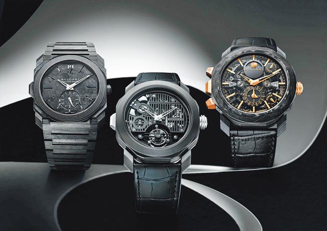 宝格丽积极研发高复杂腕表，继Octo Finissimo Minute Repeater超薄三问表（左）、Octo Roma Grande Sonnerie大自鸣表（右）后，今年再推出Roma Carillon Tourbillon钟乐报时陀飞轮腕表。（BVLGARI提供）