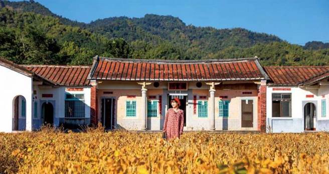 「香蕉与黑胶三合院」的前方是一片稻田、后方是翠绿的月光山，相映出独特美感。（图／焦正德摄）
