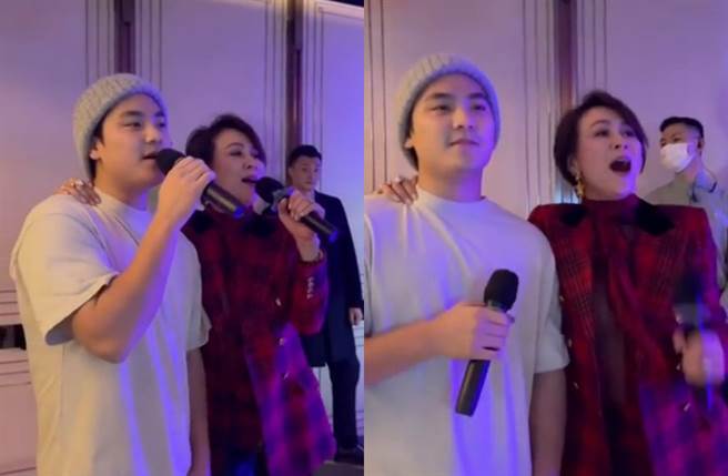 刘嘉玲开心和王令尘合唱张艾嘉金曲《爱的代价》。(图／翻摄自微博)