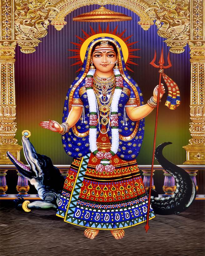 印度女战神Khodiyar Maa的形象大部分都是坐在珠光宝气的鱷鱼坐骑身上。(图/达志影像)