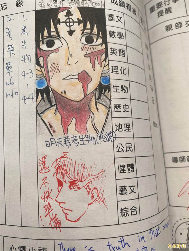 高雄市明华国中学生在联络簿「请听我说」栏位画上「猎人」、「鬼灭之刃」等动漫人物，用来描述当天在校或周末的生活，而导师也用精美插图回应。（资料照）