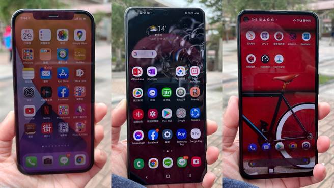 iPhone 12 Pro、三星Galaxy S20 Ultra、Google Pixel 4a 5G是5G测速专题使用的5G手机。（黄慧雯摄）