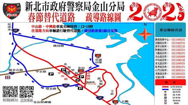 農曆春節將屆，新北市金山警分局統合義警、民防、義交等協勤力量，以「治安平穩、交通順暢、民眾安心」為主軸。（金山警分局提供）
