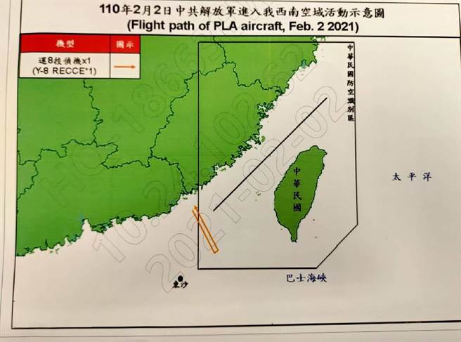 共機進入我西南防空識別區示意圖。空軍提供