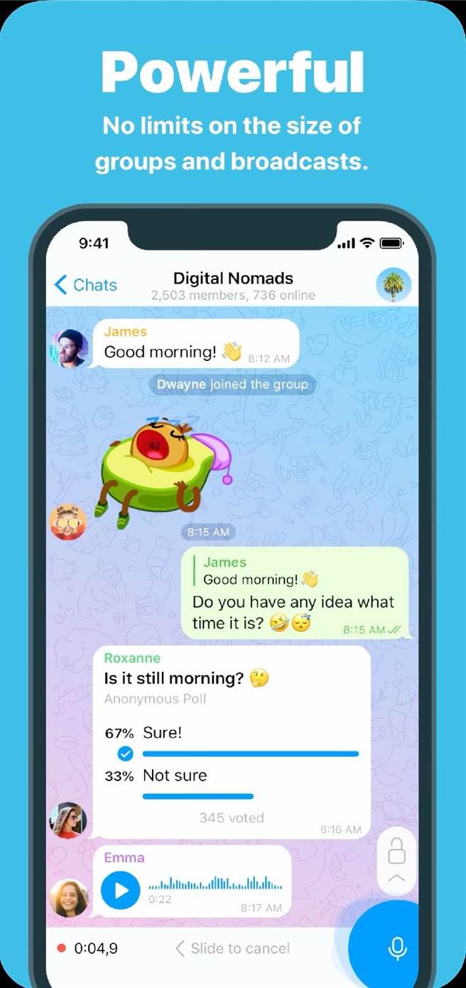 「Telegram」群组不需公开个人资讯身分最隐密。（翻摄APP Store）