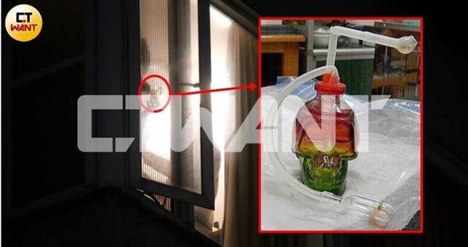 警方在看过本刊提供的影片后，认定站在小乐家窗边的人，手里拿着正是被称为「水车」（红框为示意图）的毒品吸食器。（图／本刊摄影组）