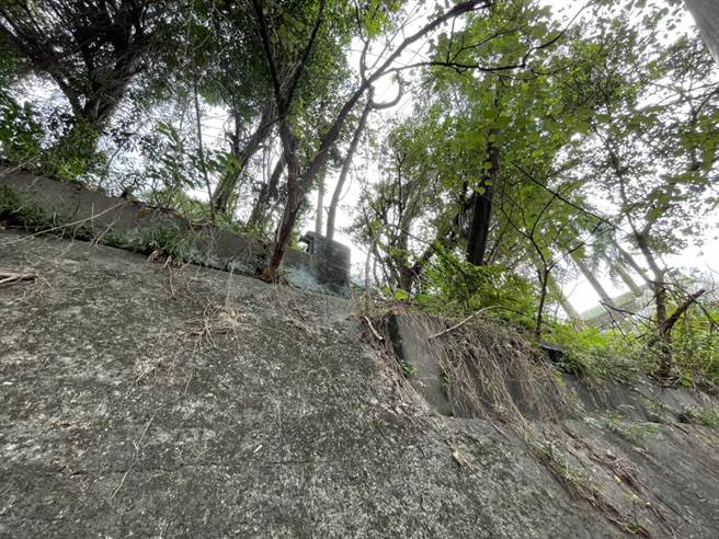 市議員鄭文婷表示，另一段擋土牆也些微傾斜，希望權責單位能盡速處理。（基隆市議員鄭文婷提供／陳彩玲基隆傳真）