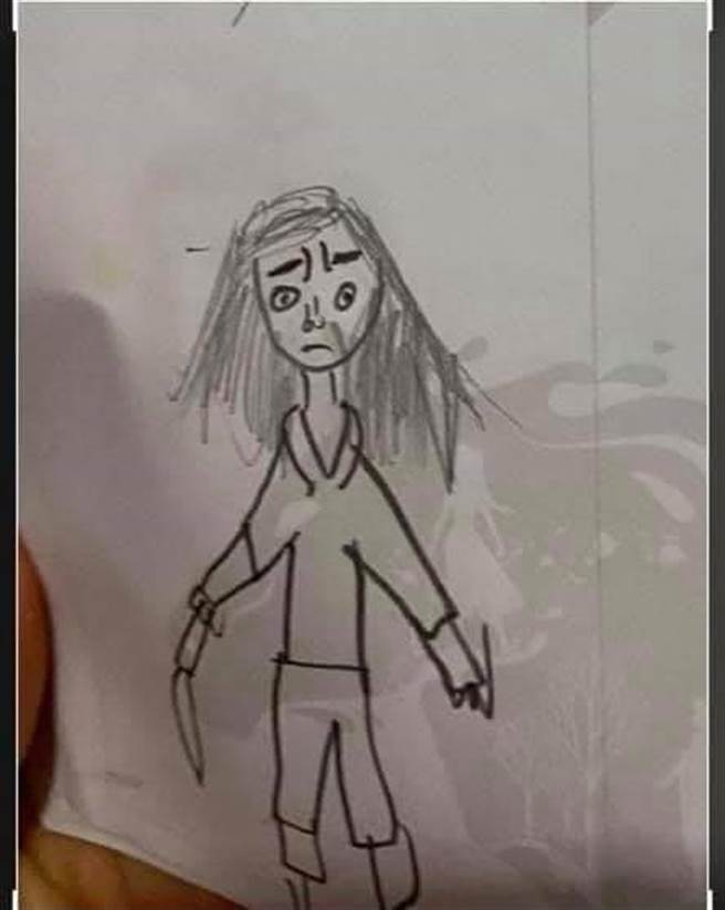 小学女儿画的妈妈画像，让老爸一看傻眼，不知如何是好。(图／爆怨公社)