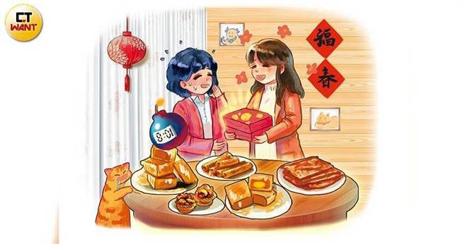 许多人在拜年时会送上零食礼盒，但有的吃多了不利于健康，营养师提醒採买前注意成分，免得送个地雷给别人。（图／陈家欣绘）