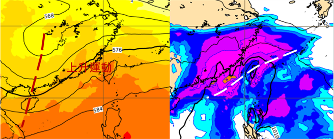歐洲模式模擬小年夜(10日)20時500百帕高空圖顯示，高空槽(紅虛線)提供台灣附近的上升運動；右圖：同時的地面模擬圖則顯示，鋒面(白虛線)在台灣附近醞釀，伴隨明顯降雨。（圖／翻攝三立準氣象· 老大洩天機）