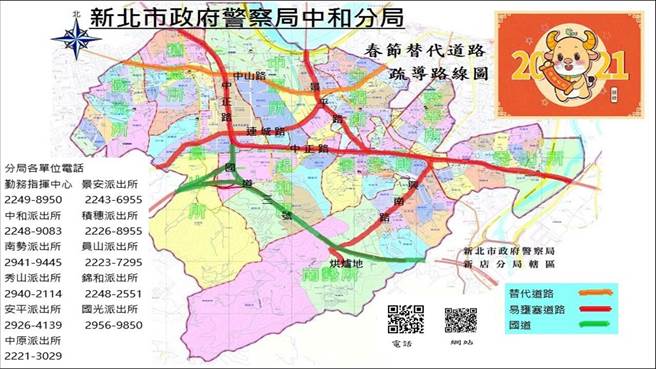 新北市中和警分局為讓民眾在春節期間返鄉、出遊、祈福及走春得以交通順暢，縝密規畫勤務並動員警力加強交通疏導，期使民眾能快樂平安順利過好年。（中和警分局提供）