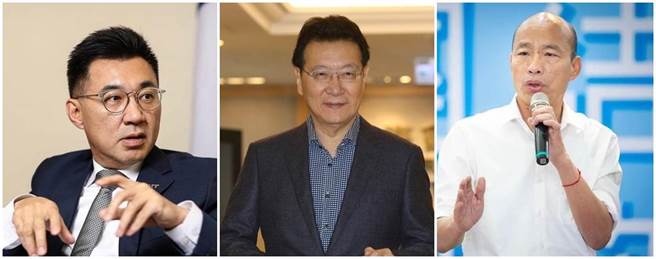 國民黨主席江啟臣（左）、資深媒體人趙少康（中）、前高雄市長韓國瑜（右）。（本報資料照）