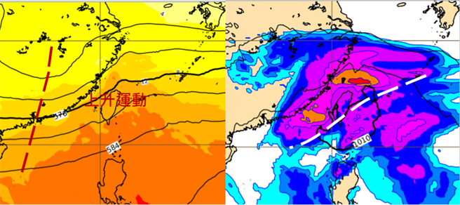最新欧洲模式模拟除夕(11日)8时500百帕高空图显示，高空槽(红虚线)提供台湾附近的上升运动（图左）；同时地面模拟图则显示，锋面(白虚线)在台湾附近酝酿，伴随明显降雨（图右）。（图撷自「三立准气象· 老大泄天机」专栏）