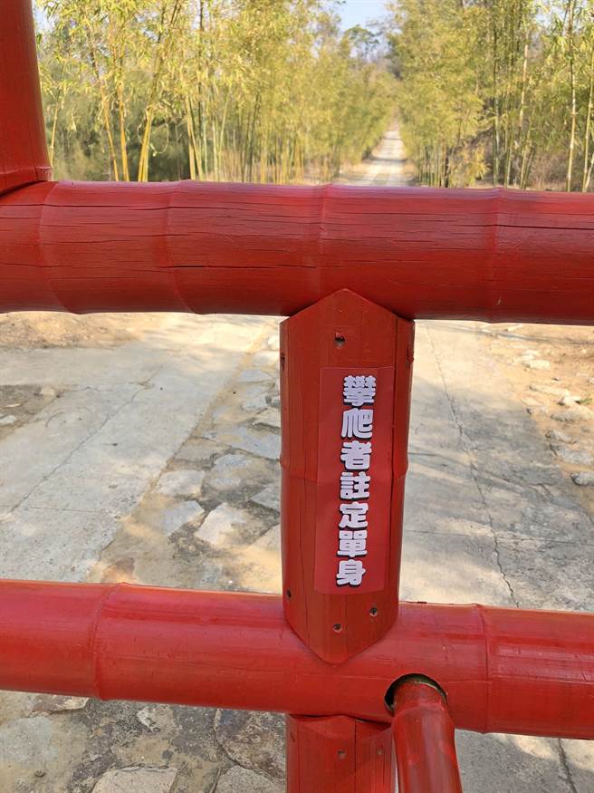 大「囍」竹架令人莞薾的「警语」之二。（李金生摄）