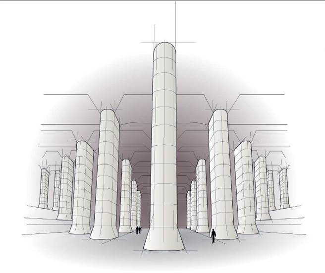 这幅设计师构想图，描绘「G-Cans」防洪空间中巨大的混凝土柱及天花板。(图/远流出版提供)