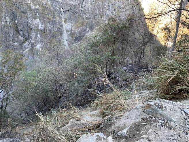 現場地勢陡峭達60度，森林護管員下探邊坡支援地面滅火。（東勢林管處提供／王文吉台中傳真）
