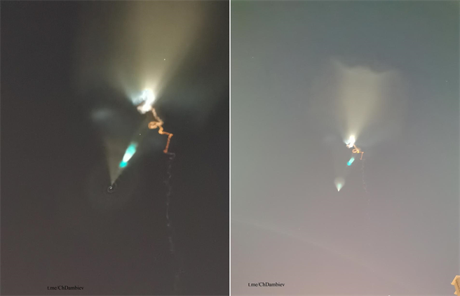 4日晚間大陸進行中段反導試驗時出現在天空的火箭雲，被網友拍攝到後在網路上分享。（圖／網路）