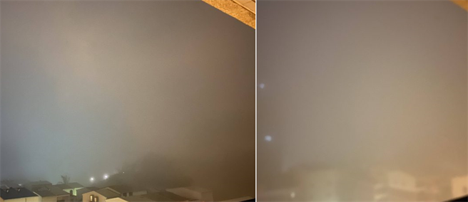 左图为台南网友家今早上03点29分的窗外景色，右图为04时46分，已看不见旁边邻居家屋顶。(翻摄自PTT)
