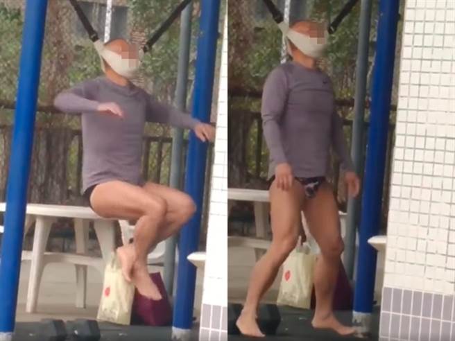 公园内1位身穿3角热裤的老翁在单杠上，用弹力束带吊住颈部、双脚悬空，全身仅由颈部放在弹力带撑着，老翁不时伸展四肢、表情相当痛苦。（图／翻摄自脸书爆废公社公开版）