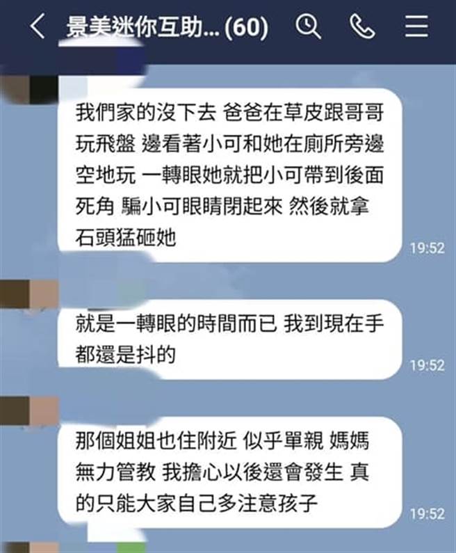 一名家长控诉，一名国小高年级女生2月6日在景美的兴隆公园，拿石头砸伤她女儿的头部。（图／翻摄自脸书木栅社团）