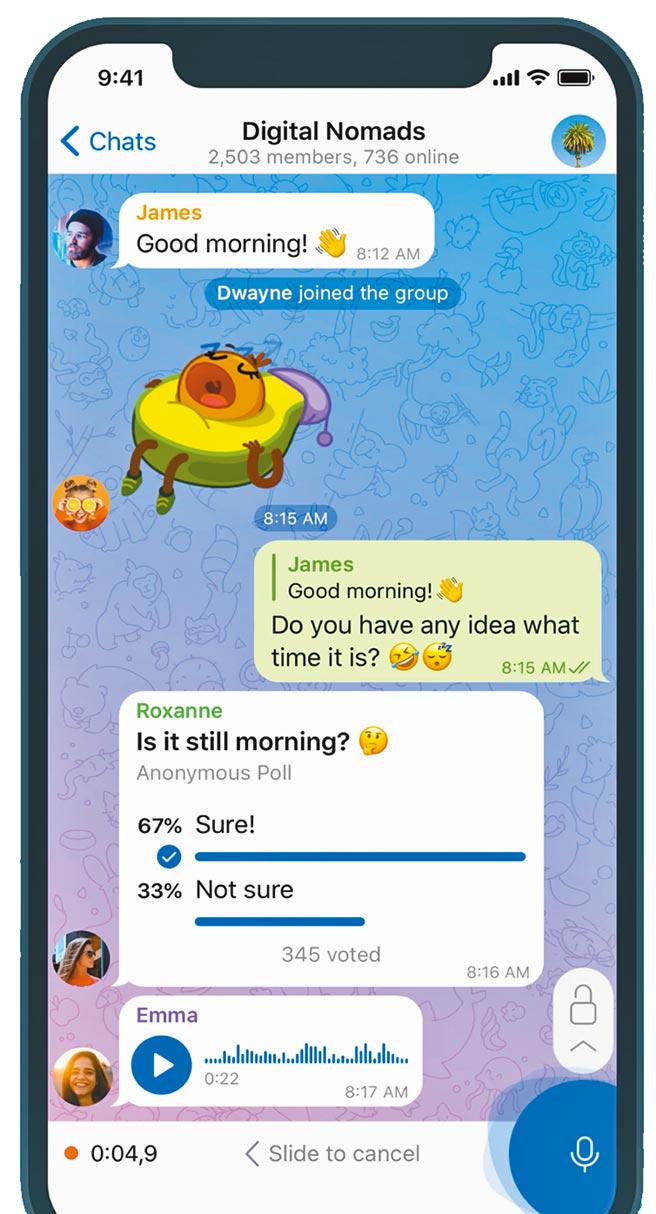 Telegram可进行加密对话、预设发送讯息时间及截图通知等功能。（摘自APP Store）
