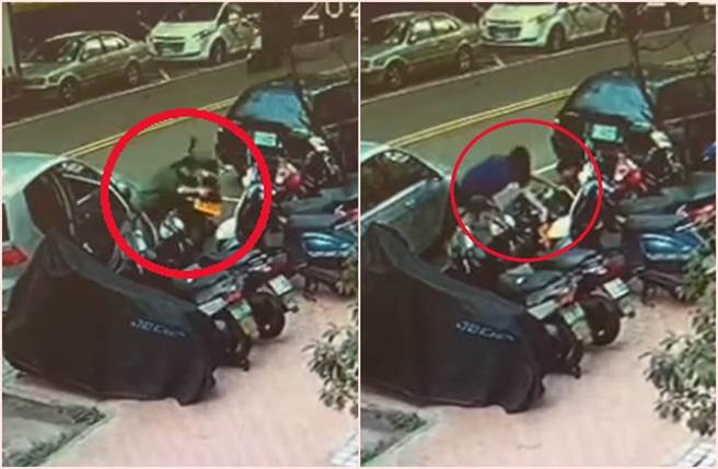 重機在停車格內停好好，馬尾妹硬拖讓它瞬間倒地（左圖）；短褲妹與馬尾妹合力將重機扶起（右圖）。（截自臉書《重機車友▕ 各區路況、天氣回報中心》影片）