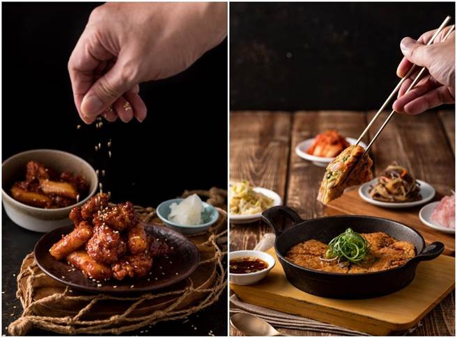 北村豆腐家—國民美食（左起）海鮮煎餅、韓式炸雞年糕。（豆府餐飲集團提供）