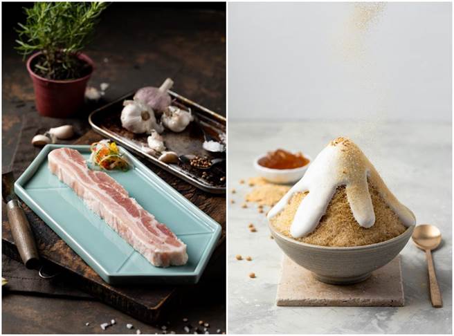 姜滿堂—（左起）厚切國產豬五花、白頭山雪冰。（豆府餐飲集團提供）