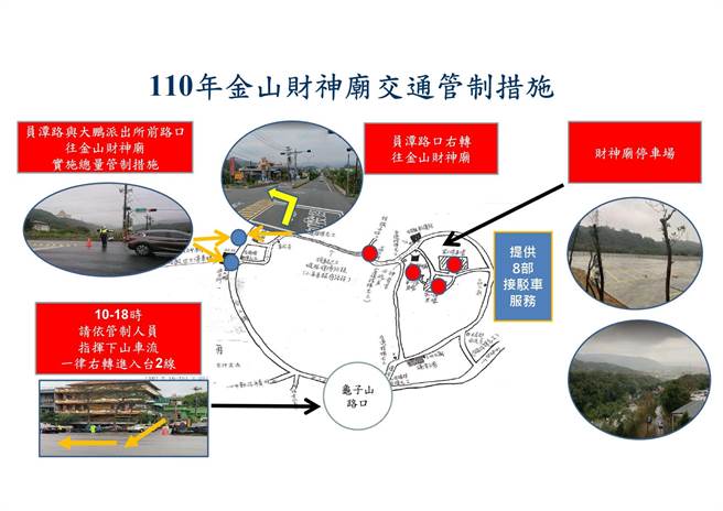 新北市金山警分局將實施彈性「總量管制措施」，農曆春節初一至初五（2月12日至2月16日），管制財神廟上山車輛，敬請用路人配合。（金山警分局提供）