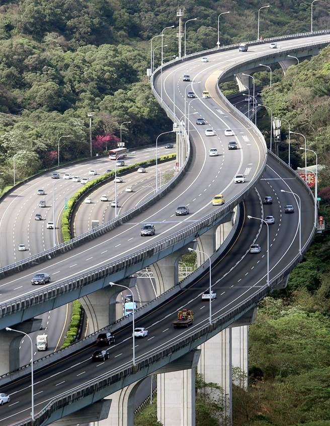 一連7天的農曆春節連假10日開始，連假首日的國道交通順暢，上午除國一湖口路段有壅塞情形外，其餘路段平均時速皆有80公里以上。圖為國道一號五楊高架林口路段。（黃世麒攝）