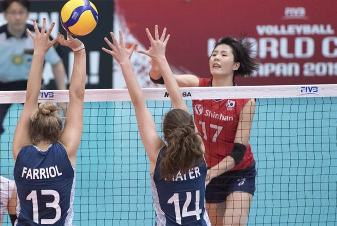 韩国V联赛排球女将李在英(右)跳起来杀球。（达志影像）