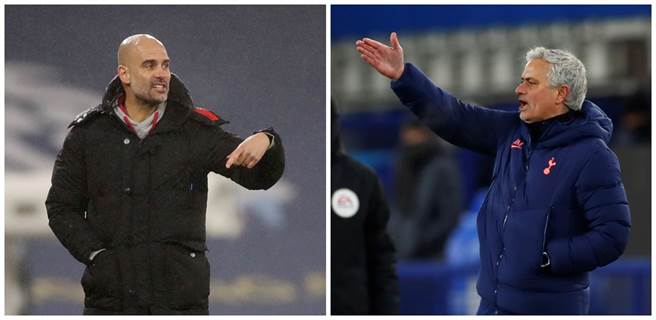 曼城教頭瓜狄歐拉（左）與熱刺教頭穆里尼歐（右）明晨將上演執教生涯第25次對決。（路透資料照）