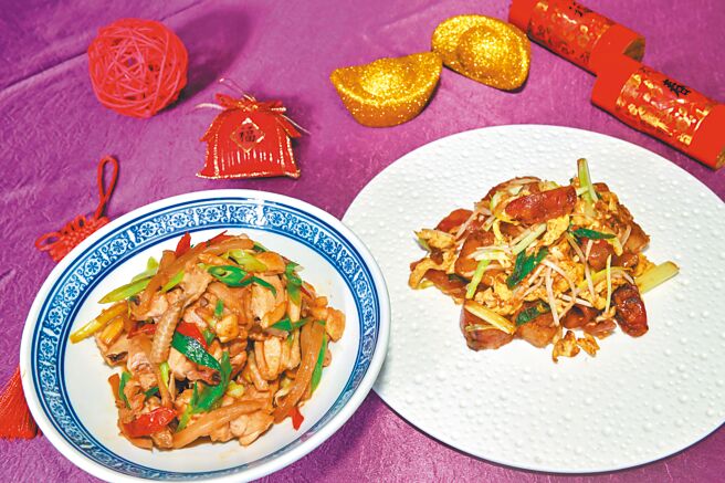 利用剩下的年菜做出菜圃烧鸡（左起）、星洲炒萝卜糕，美味又方便。（卢祎祺摄）