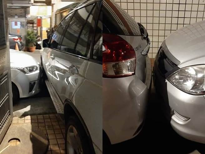 一輛臨停汽車遭屋主的轎車車頭與後方轎車「完美封印」，幾乎動彈不得。（圖／翻攝自臉書「爆怨公社」）