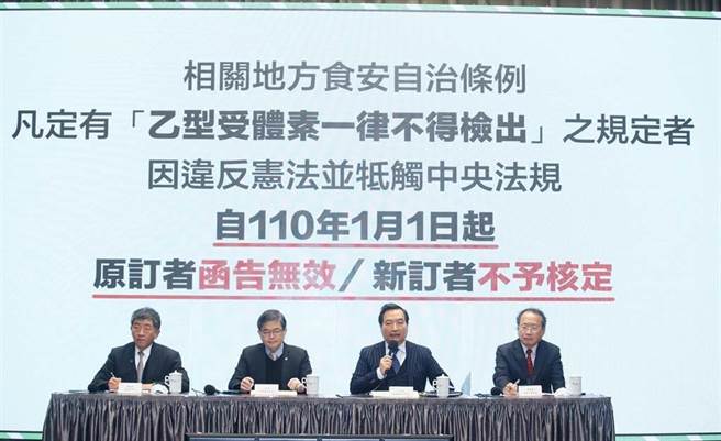 莱猪在今年元旦开放进口，但当时部分县市订有瘦肉精零检出的自治条例，行政院由卫福部长陈时中（左起）、政院秘书长李孟谚、政务委员罗秉成与农委会副主委黄金城在去年12月31日召开记者会宣布，相关地方自治条例凡订有乙型受体素不能检出的规定，原订者函告无效、新订者不予核定。（图为中时资料照）