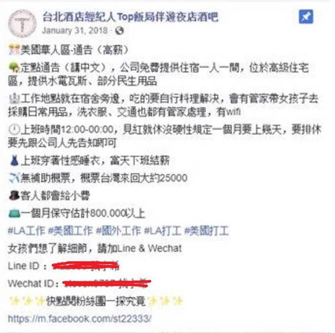 赴美賣淫單日最高賺20萬元  年輕美眉為錢甘願多次闖關(圖/翻攝臉書)