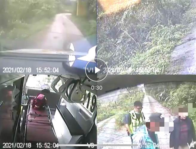 露营民眾驾车摔落15米溪床，当事人（右下角）自行脱困，消防救护车到达现场救伤者送医。（消防局提供／王志伟花莲传真）