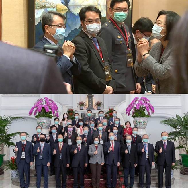 （上图蔡英文(右)总统接见国家生技医疗品质奖得奖者，东森集团副总裁廖尚文(左)代表领奖；下图为获奖代表与总统大合照。图／总统府、东森提供）
