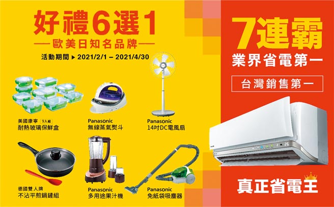 Panasonic空調7連霸業界省電第一，即日起到4月30日止，買就送歐美日知名品牌好禮6選1。圖／業者提供