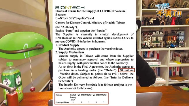 圖為朱凱翔披露去年9月衛福部與BNT藥廠簽訂的3000萬劑新冠疫苗協議書。（網路翻攝）