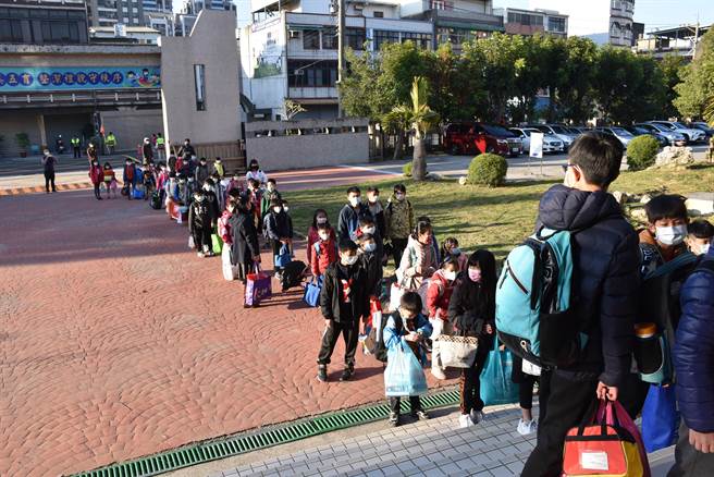 22日是国小开学日，小朋友一早到校都须排队接受体温量测。（谢明俊摄）