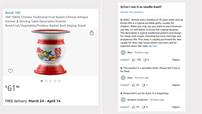 华人传统的痰盂在亚马逊网站上出售，品名与用途是：中国传统果篮，可以装水果、食物、冰块或葡萄酒。有网友询问：「可以装麵条吗？」（图／RT)
