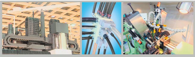 欣军公司研产的链条护管（左起）、电气配管复合接头、颗粒喷油管的应用实例。图／业者提供