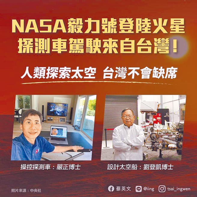 蔡英文总统脸书粉专上介绍美国NASA毅力号的科学团队；负责操控探测车的团队，由工程师严正博士带领。参与太空船设计的刘登凯博士也来自台湾。（摘自蔡英文总统脸书粉专）